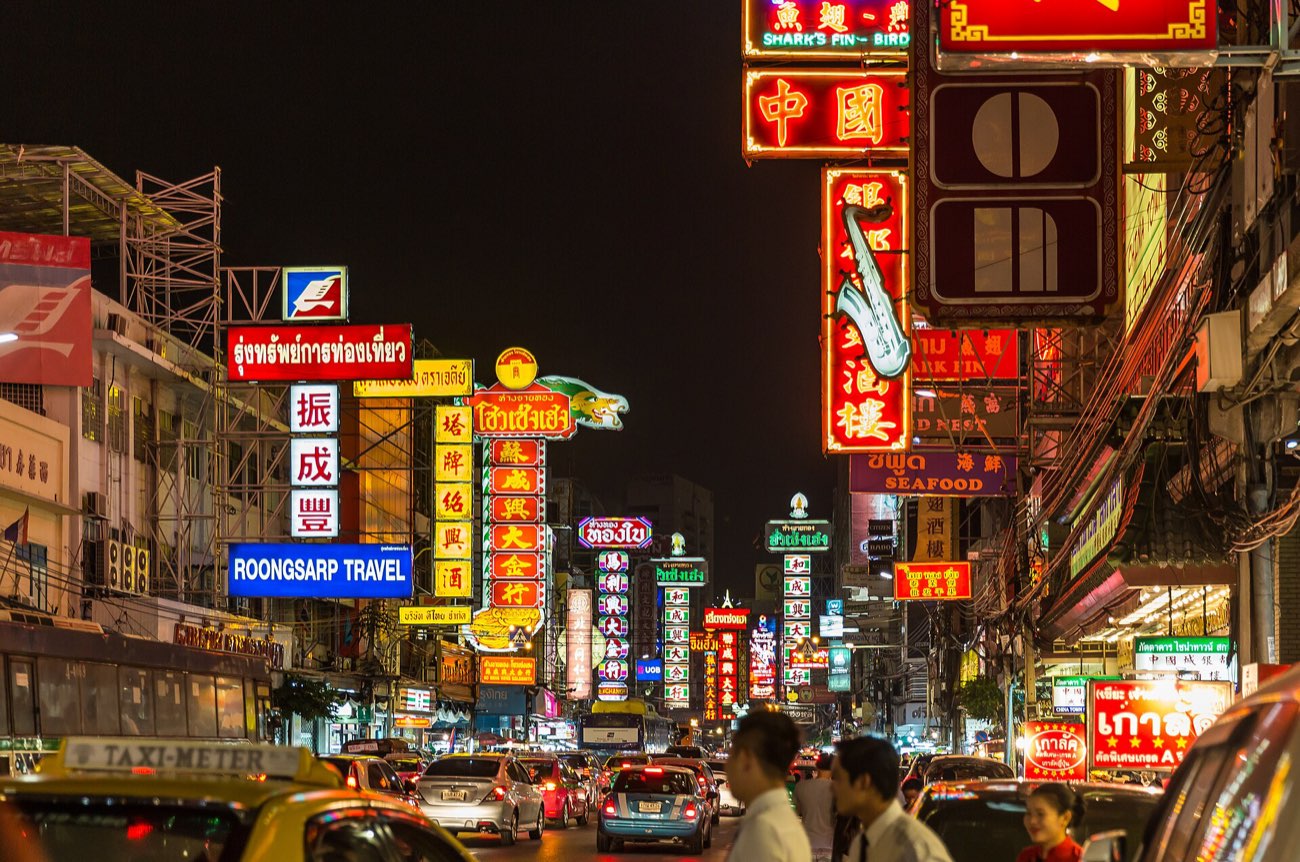 Neon signs over Yaowarat Road, Bangkok's Chinatown, at night